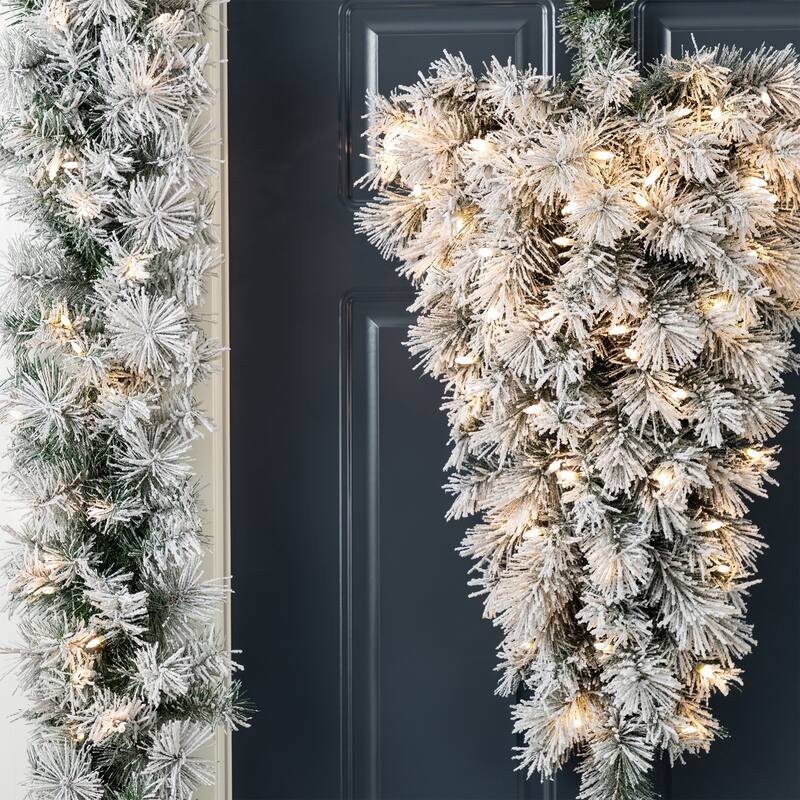 Glitzhome Pre-Lit Snow Flocked White/Greenery Pine Garland & Wreath & Teardrop