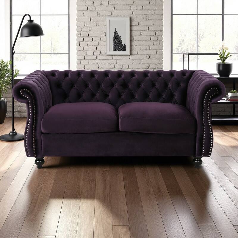 61.75" Velvet Chesterfield Loveseat Sofa with Button-Tufted Upholstery, Nailhead Trim and Rolled Arms - Black Berry