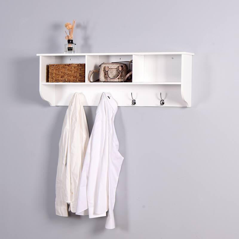 Wall Mounted Coat Rack W/ 4 Dual Hooks, Wood Storage Shelf Small Space