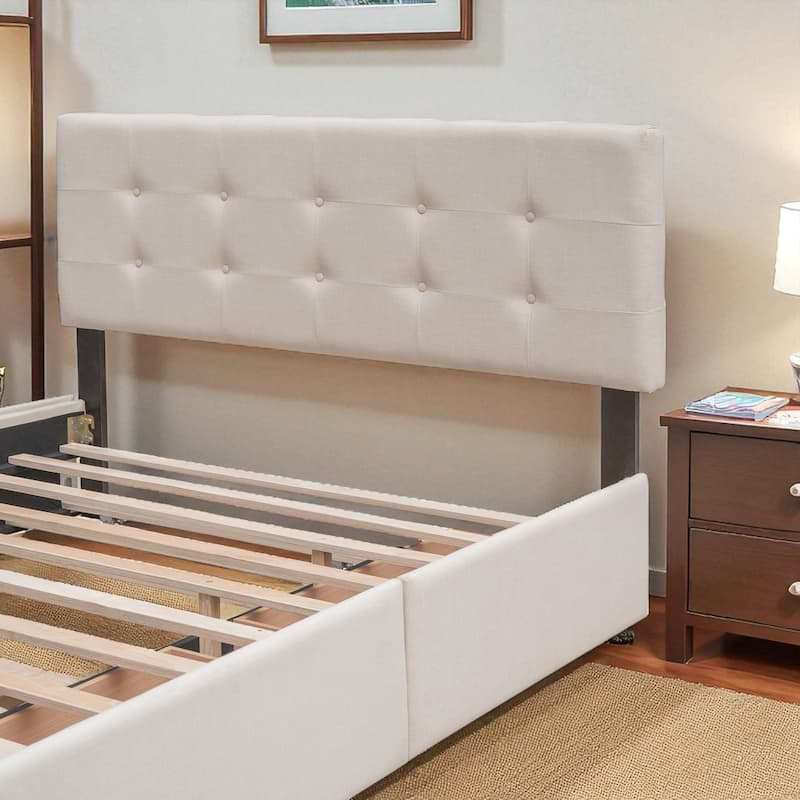 Queen Size Upholstered Platform Bed with Button-Tufted Headboard, 2 Storage Drawers and Twin XL Trundle, Linen Fabric