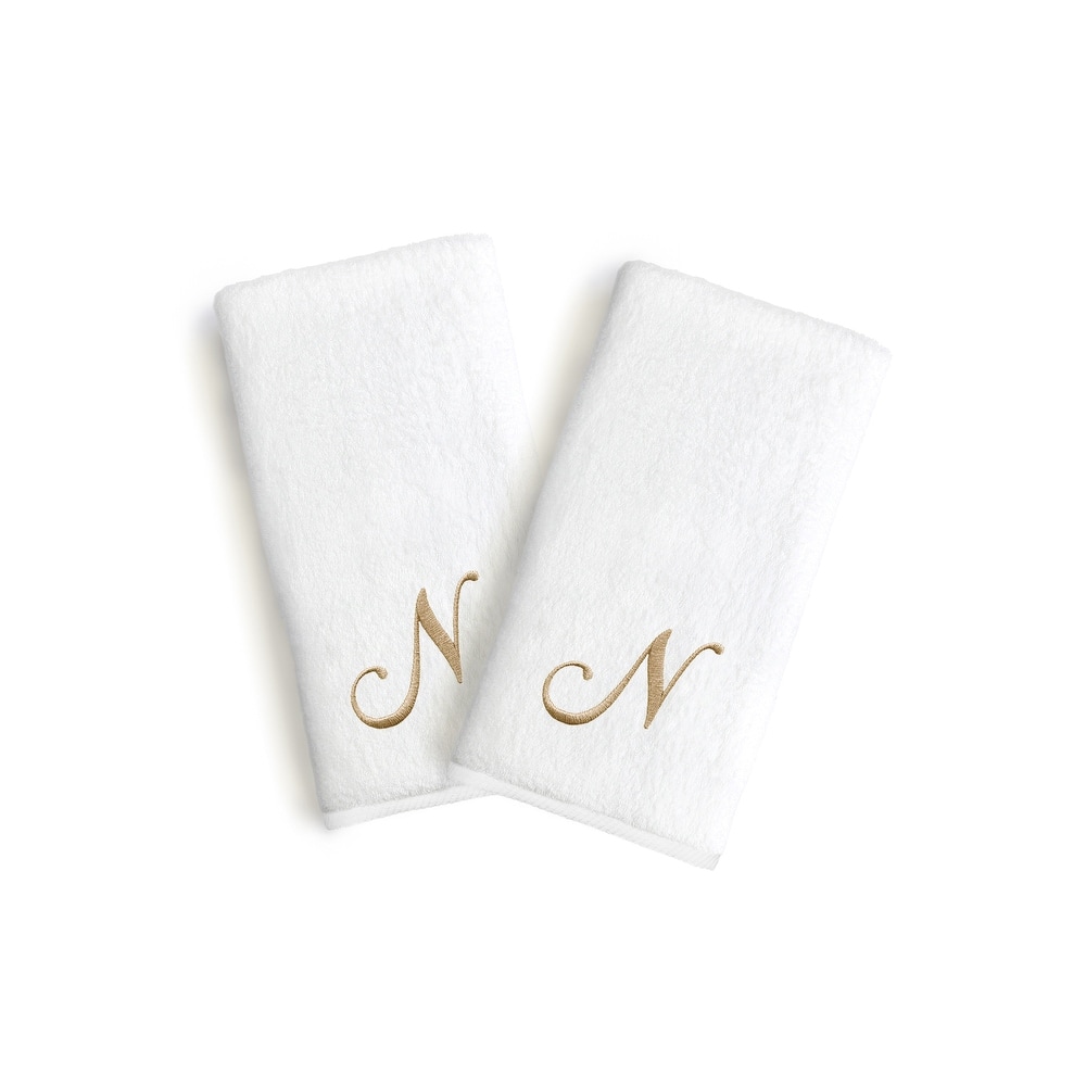 Copper Grove Belgrad 2-piece White Turkish Cotton Hand Towels with Gold Script Monogrammed Initial