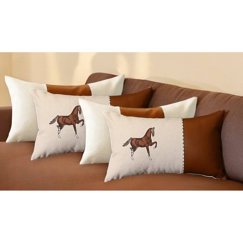 HomeRoots Set Of Four 20" X 12" Beige And Brown Horse Faux Leather Zippered Pillow With Embroidery - Bed Rest - Polyester