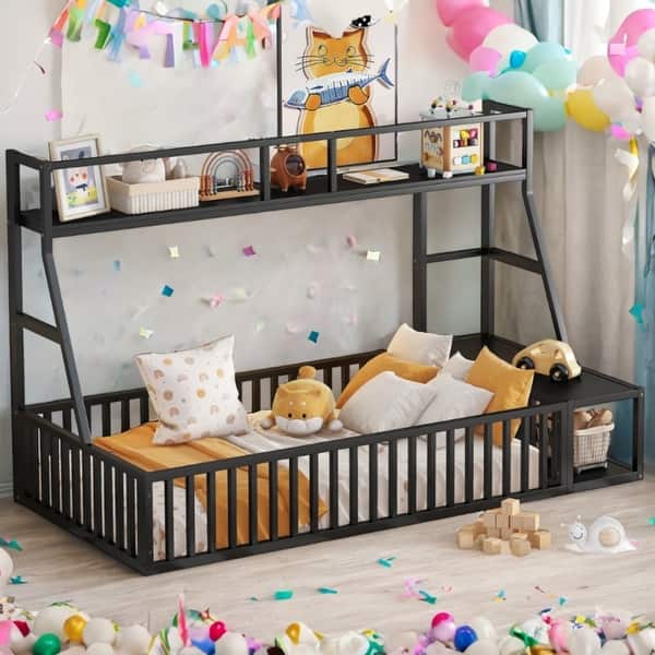 Floor Bed For Kids, Full Size Montessori Beds With High Fence Railings, Wood Playhouse Bed With Rails For Baby Boys Girls Teens, No Slats Included, Natural