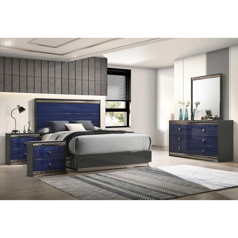 Furniture of America Luzen Glam 5-Piece Two-Tone Blue Wood Platform Bedroom Set - King