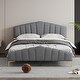 preview thumbnail 1 of 10, Queen Size Velvet Platform Bed w/ Thick Fabric, Stylish Stripe Decorated Bedboard & Elegant Metal Bed Leg Upholstered Bed, Gray Gray