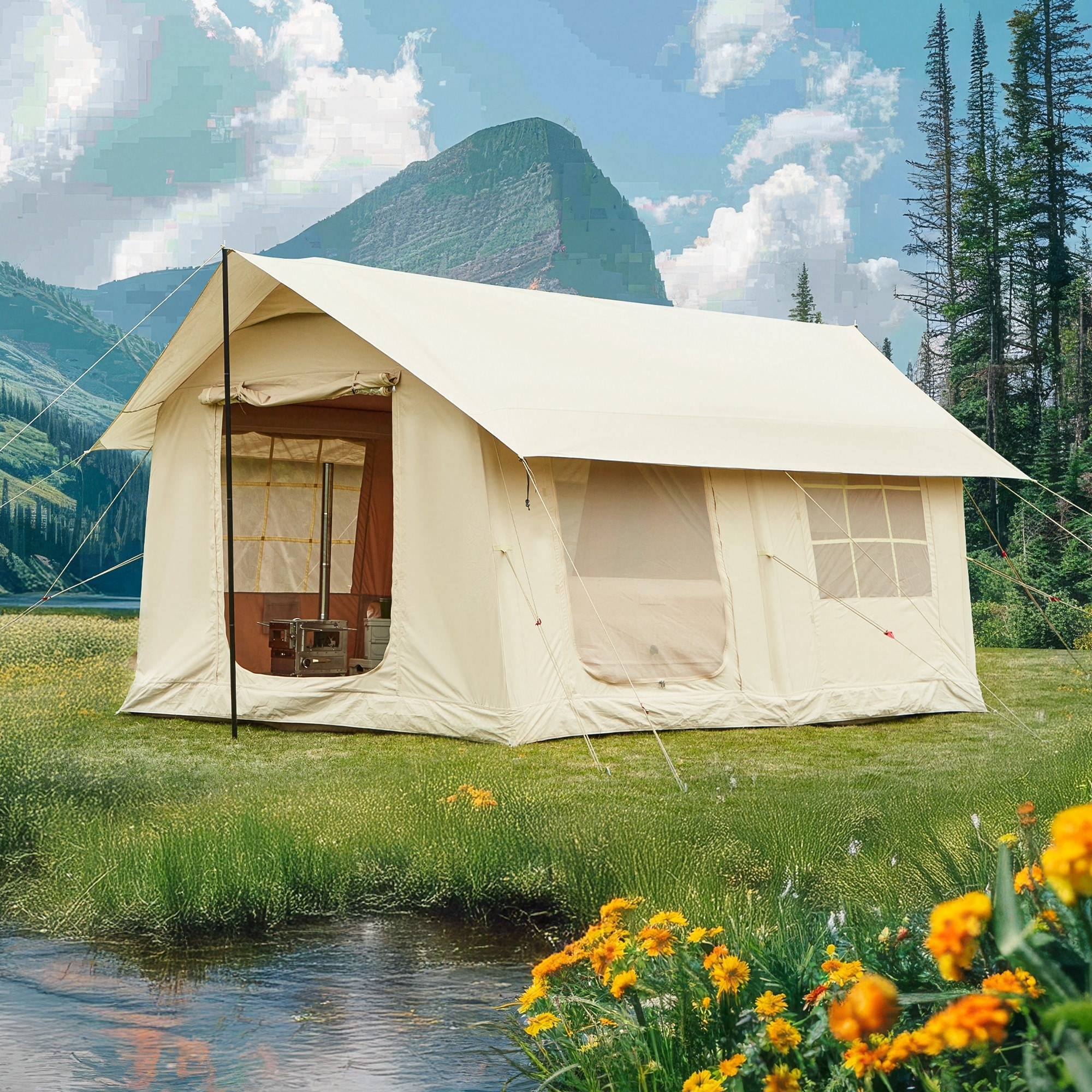 Inflatable Camping Tent for 8-12 People, with Skylights, Chimney Window, and UV-Resistant, Easy Setup for Outdoors