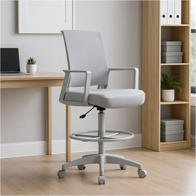 Swivel Drafting Stool, Fixed Arms, Gray Mesh Back, Chrome Footring