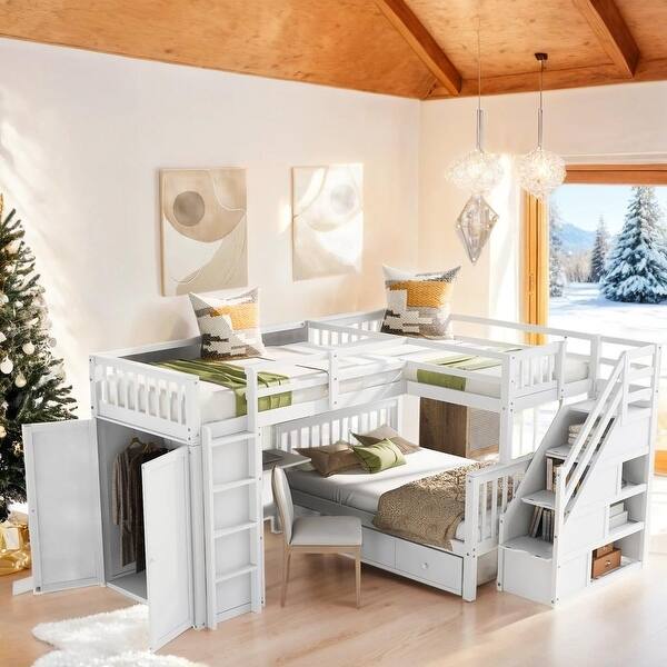 slide 2 of 47, Twin-Twin over Full L-Shaped Bunk Bed With 3 Drawers, Portable Desk and Wardrobe White
