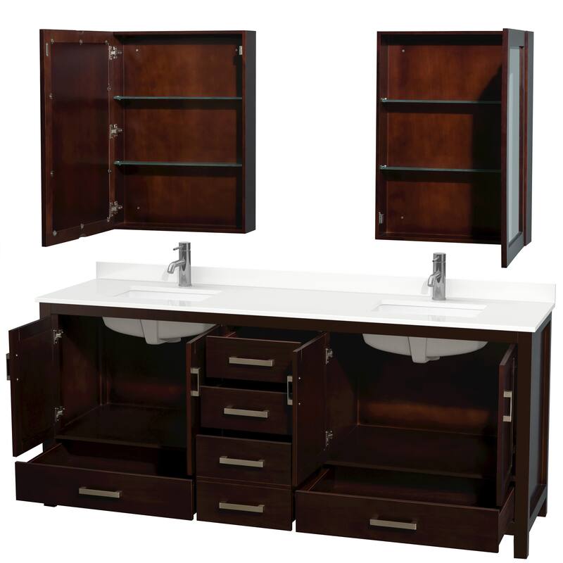 Sheffield 80-inch Double Vanity, Single Hole Quartz Top, Med Cabinets