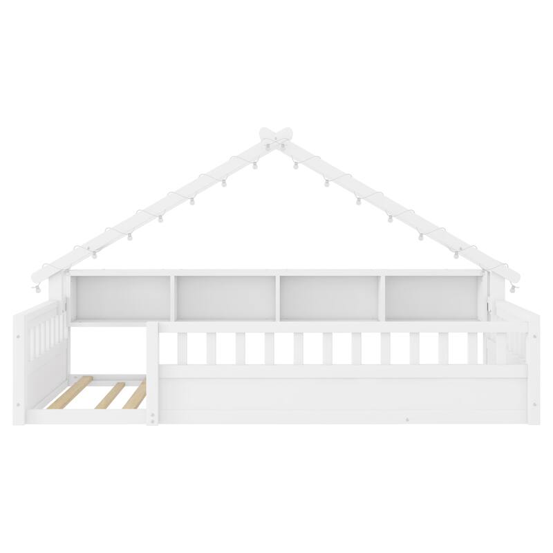 Twin/Full Floor Bed with Storage Bookshelves & Roof Shape for Kids