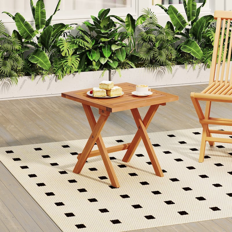 16” Portable Natural Acacia Wood Folding Side Table with Slatted Tabletop Ideal for Indoor or Outdoor