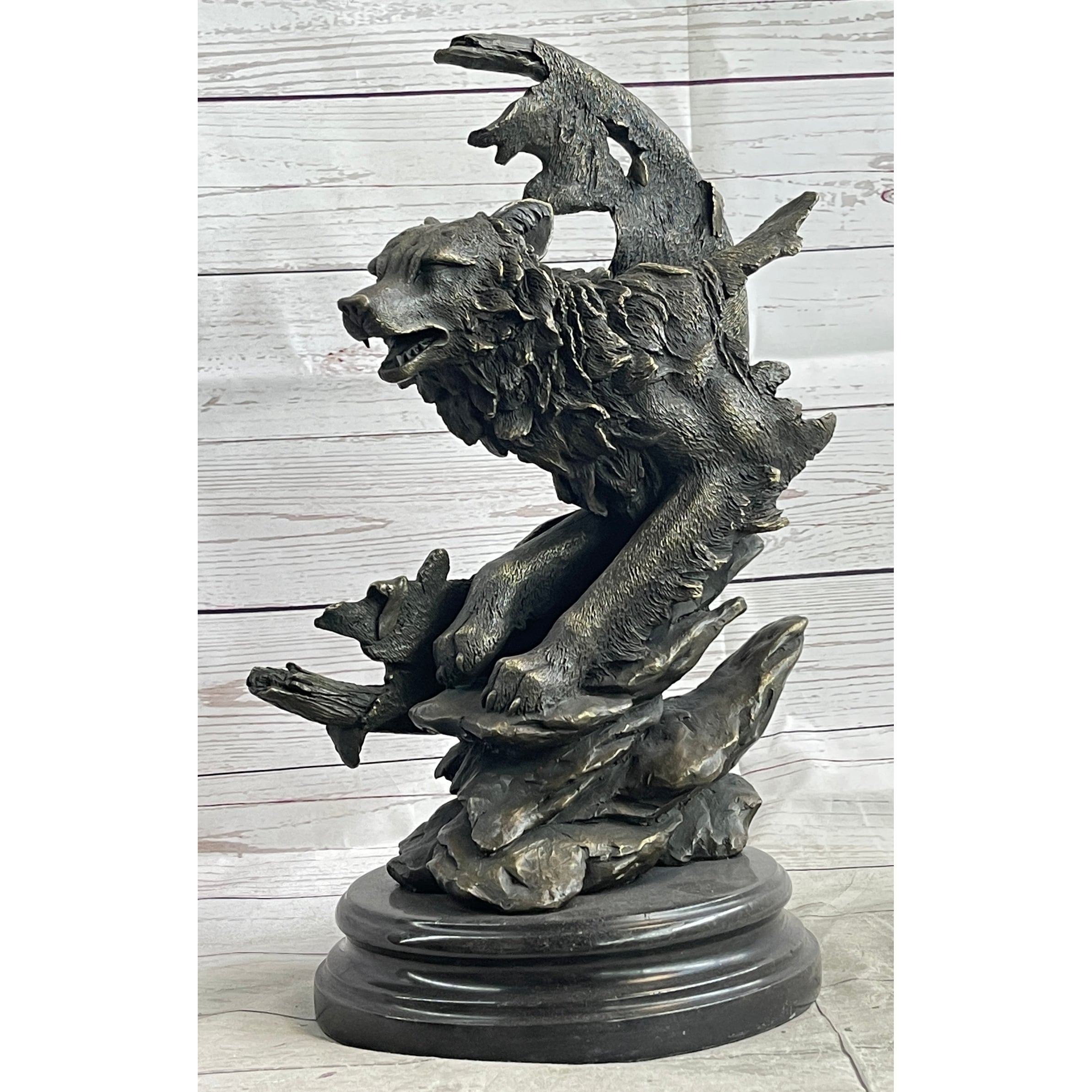 Abstract Surrealist Wolf Sculpture Statue Bronze Metal On Marble Base Signed Art