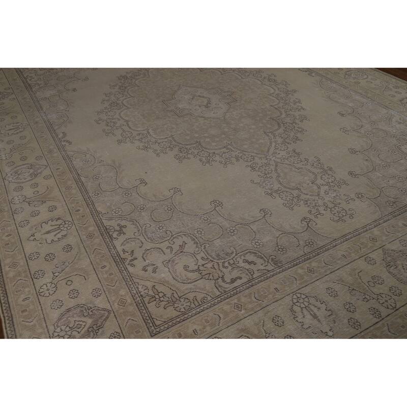 Traditional Beige Tabriz Persian Vintage Rug Handmade Wool Carpet - 9'7" x 12'6"