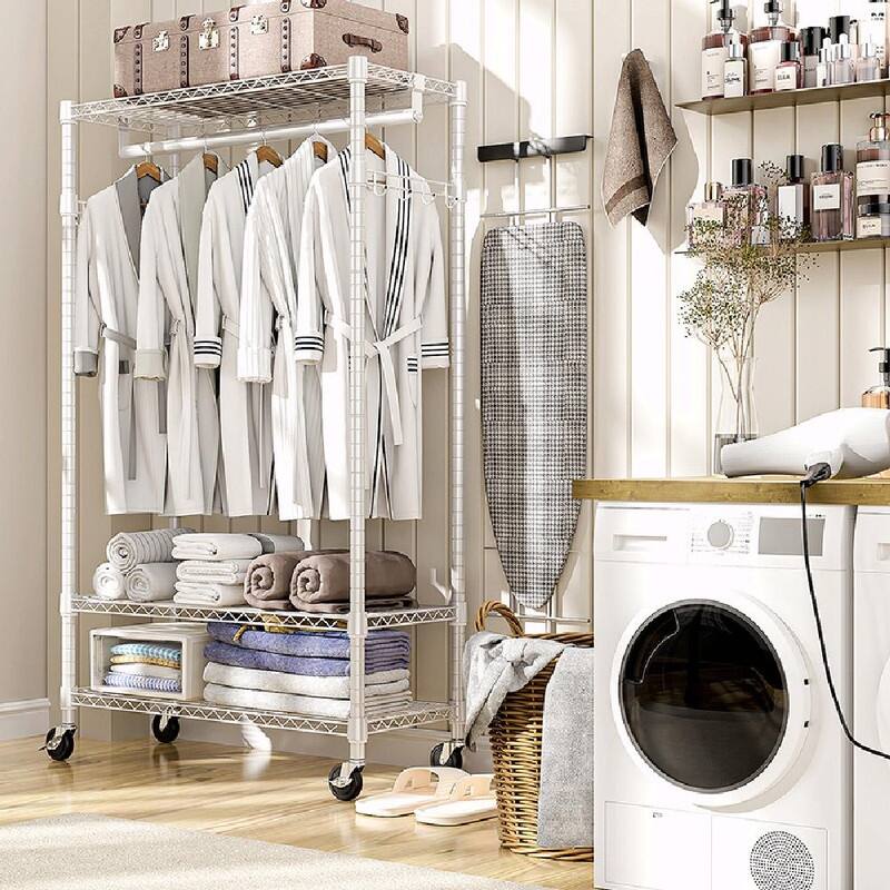 Heavy Duty Rolling Garment Rack with Wheels, 3-Tier Adjustable Wire Shelving, Clothes Rack with Rods & Side Hooks