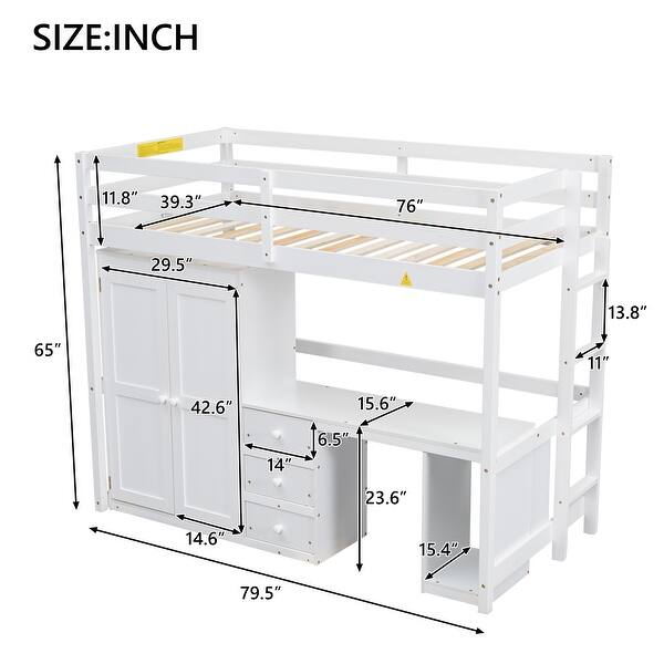 dimension image slide 0 of 2, Twin Size Loft Bed with Wardrobe, Desk, and Storage Drawers, Modern Space-Saving Design, Solid Pine Wood Frame, Grey