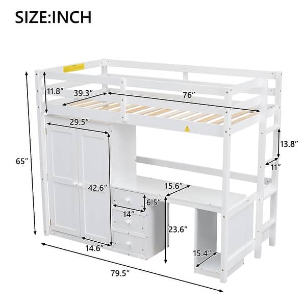 dimension image slide 1 of 2, Twin Size Twin Size Pine Wood Loft Bed with Wardrobe, Desk and Storage Drawers for Bedroom
