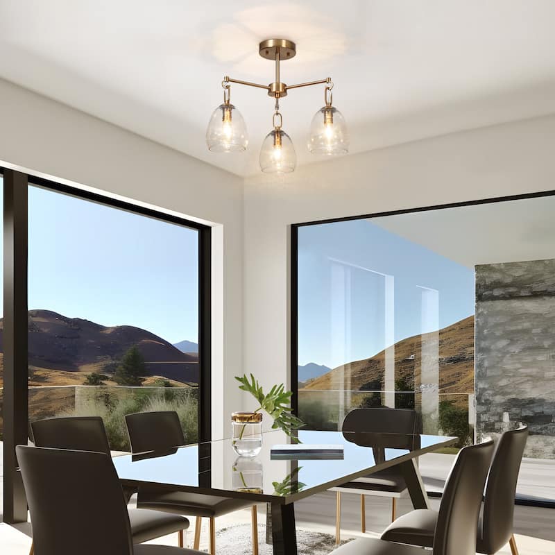 Blobfish Modern Gold 3-Light Chandelier Glass Wheel Semi-Flush Mount Lighting for Dining Room - D19.3"* H14.4"