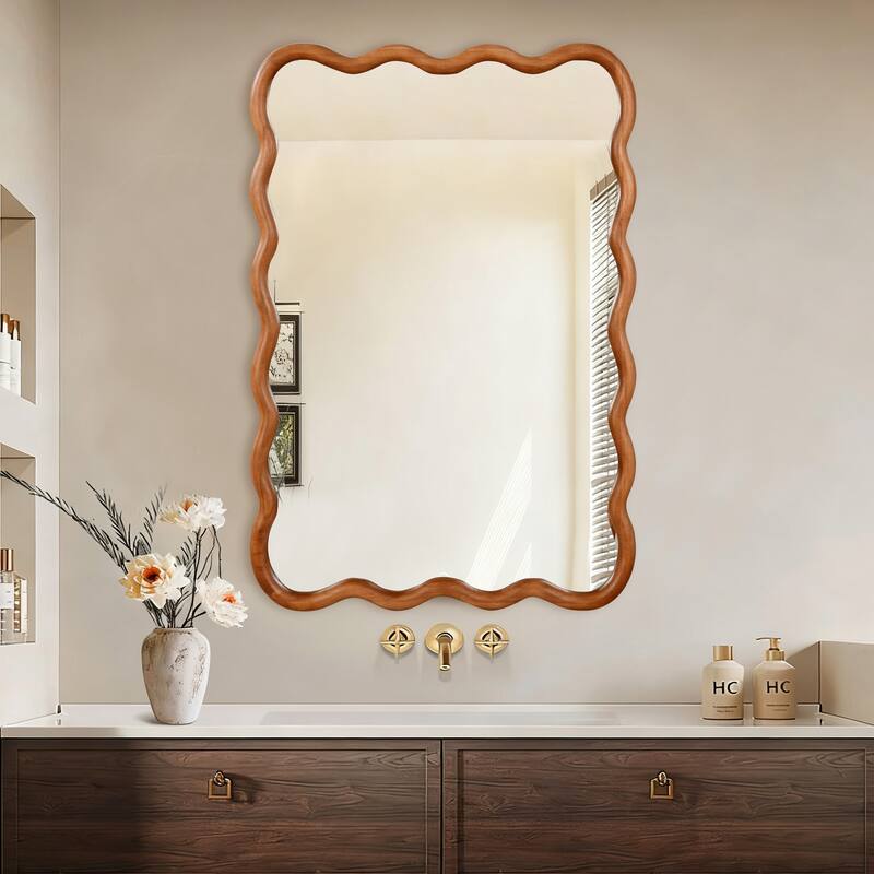 Wavy Rectangle Solid Wood Frame Decorative Mirror - Antique Brown