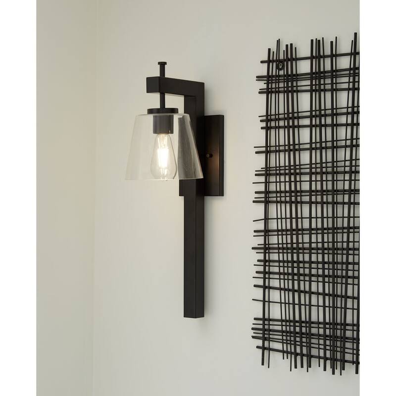 Saffert Collection One-Light New Traditional Matte Black Clear Glass Wall Light - 7.5 in x 10.25 in x 24.5 in