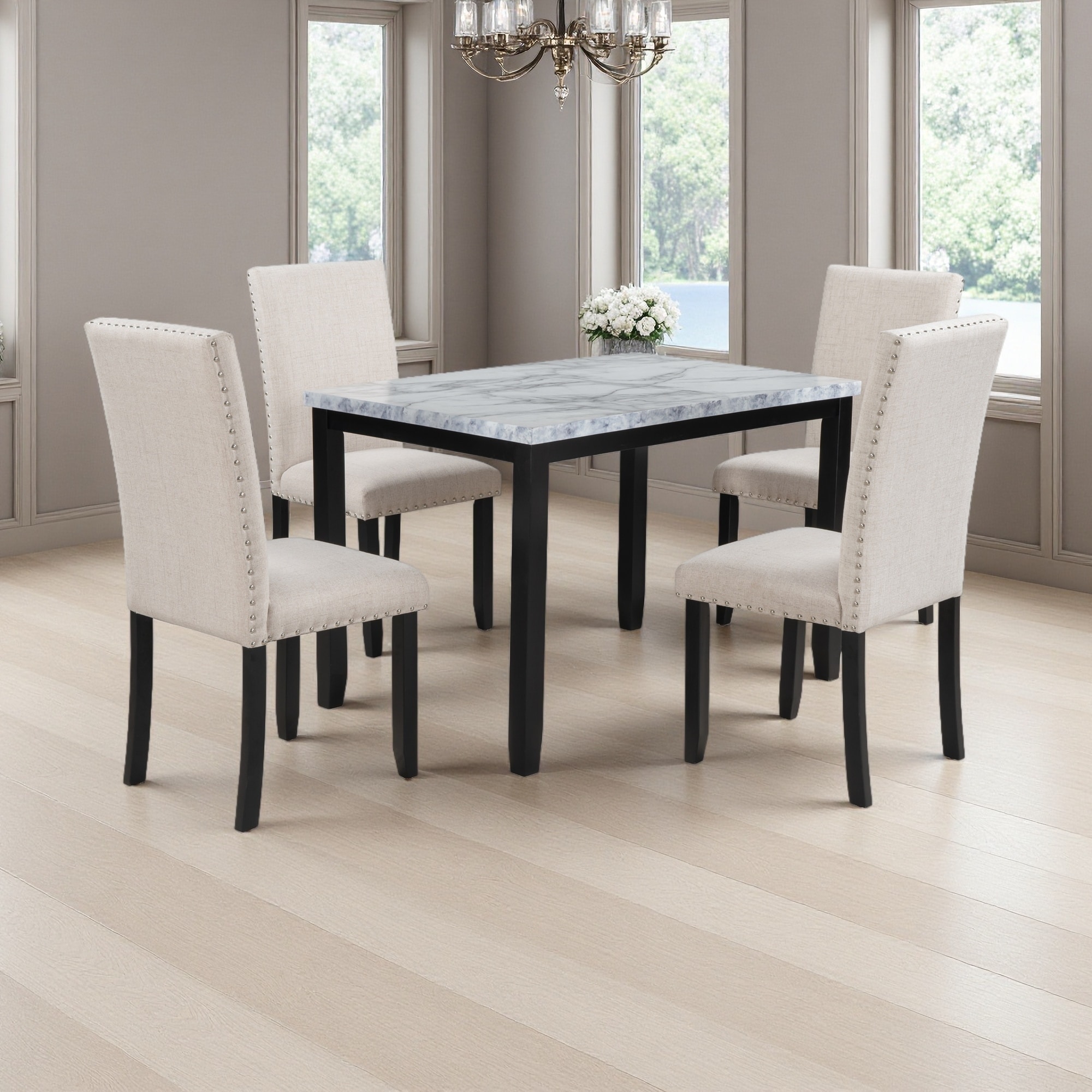 5-Piece Faux Marble Dining Set with 4 Cushioned Chairs