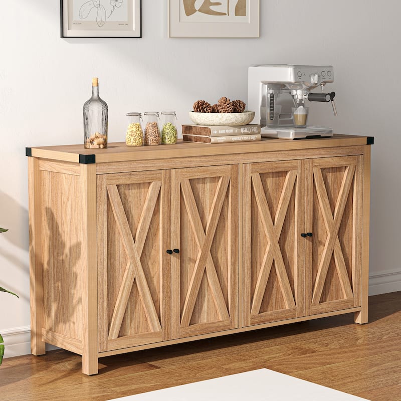 Moasis 55-inch Farmhouse Four-Door Buffet Cabinet Storage Kitchen Sideboard Buffet Table - Natural