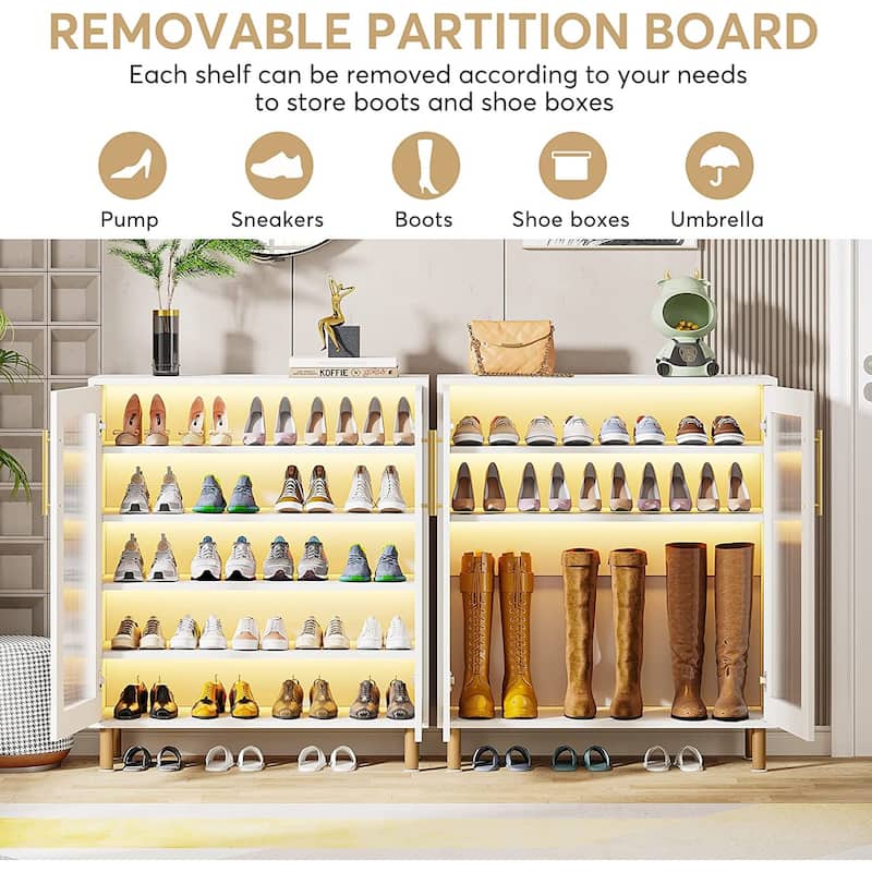 5-Tier Wood Shoe Rack with Acrylic Doors and LED Light for Entryway