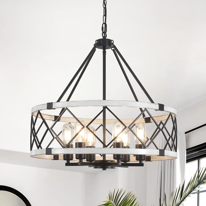 Industrial 6- Light Classic Geometric Drum Dimmable Chandelier for Kitchen Island Living Room - White