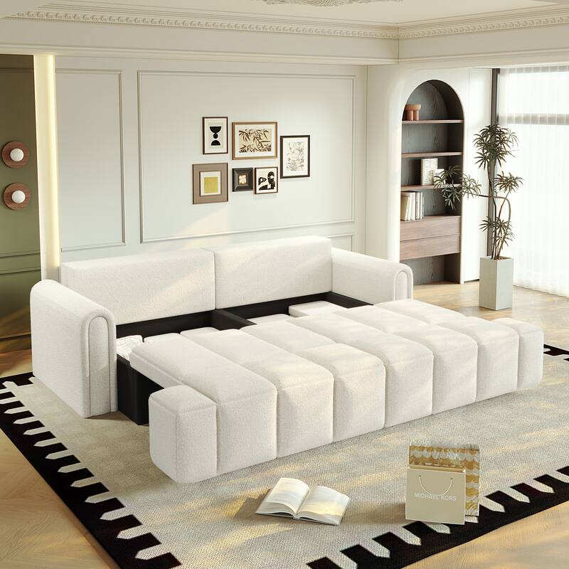90.2 Inch King 3-in-1 Sleeper Sofa with Seat Storage, Modern 4-Seater Convertible Teddy Fabric Couch - Beige