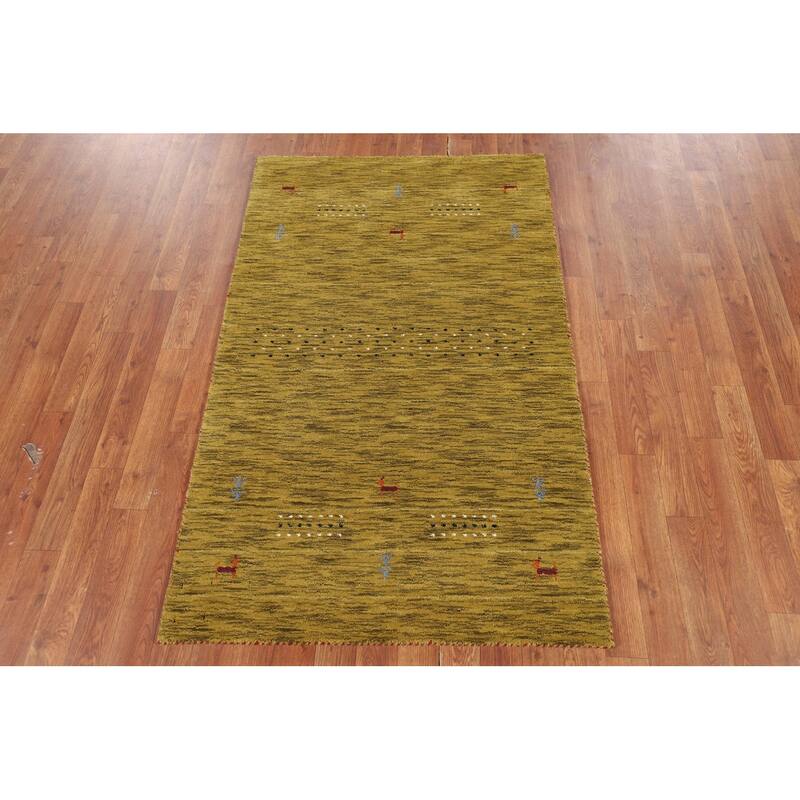 Lime Green Gabbeh Indian Accent Rug Handmade Wool Carpet - 3'1" x 4'11"