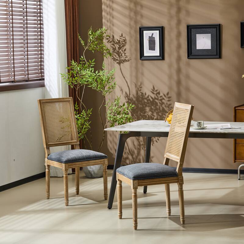 French Country Dining Chairs w/ Rustic Weathered Finish & Solid Rubberwood Frame - Set of 2 - Blue Gray
