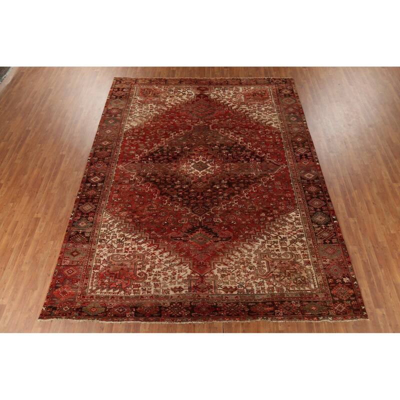 Red Geometric Heriz Persian Vintage Area Rug Handmade Wool Carpet - 9'10"x 12'8"