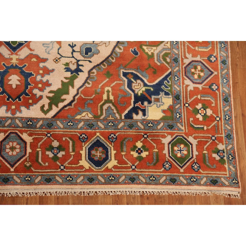 Peach Geometric Heriz Serapi Indian Area Rug Hand-Knotted Wool Carpet - 8'11" x 11'8"
