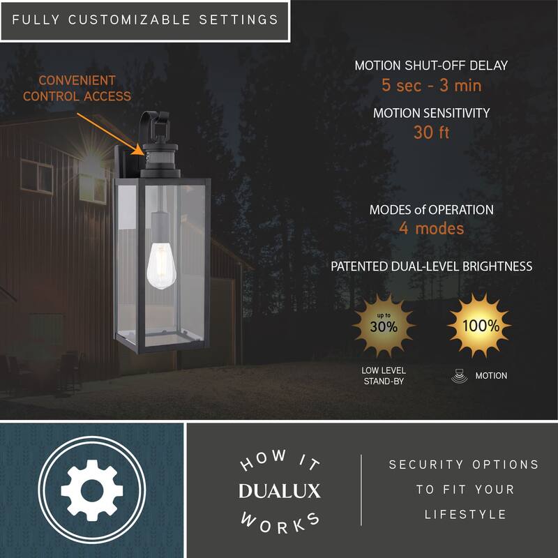 VAXCEL Clinton Matte Black Motion Sensor Dusk to Dawn Outdoor Wall Sconce Light Fixture, Steel, Clear Glass Shade