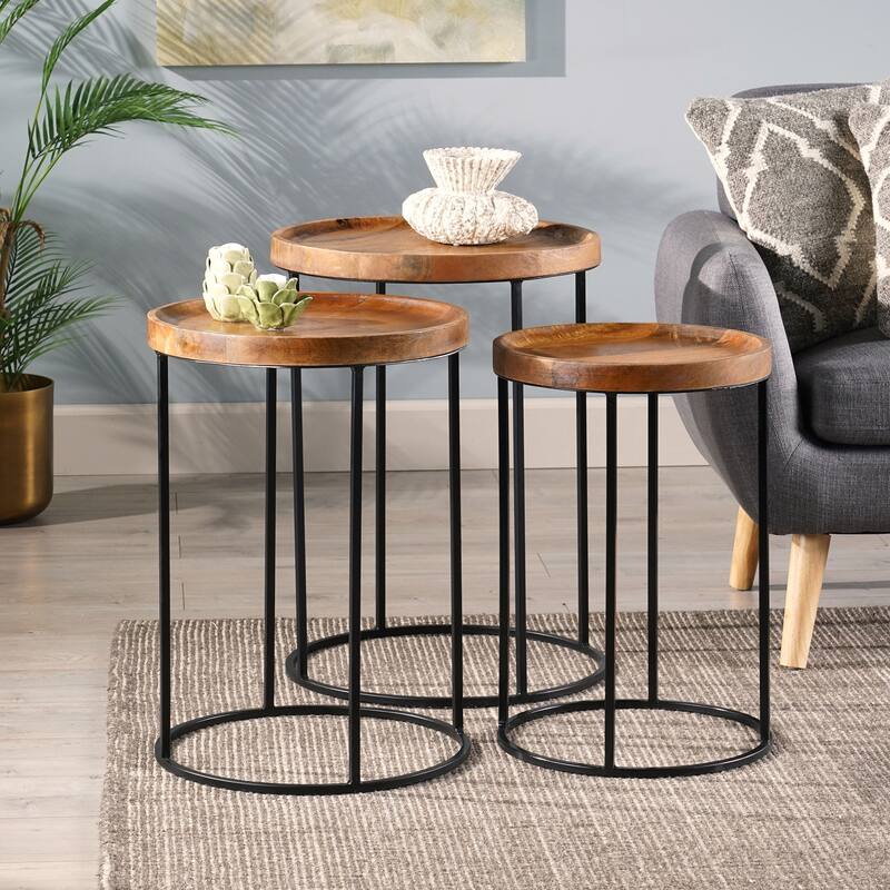 Roomfitters Industrial Nesting Side Tables, Solid Mango Wood Tops, Black Iron Base, Set of 3, Rustic and Modern Style