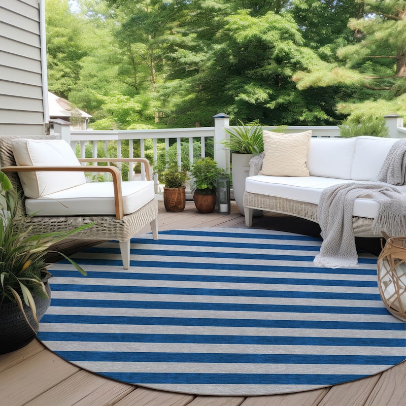 Machine Washable Indoor/ Outdoor Cabana Stripe Chantille Rug - Blue - 8' x 8'