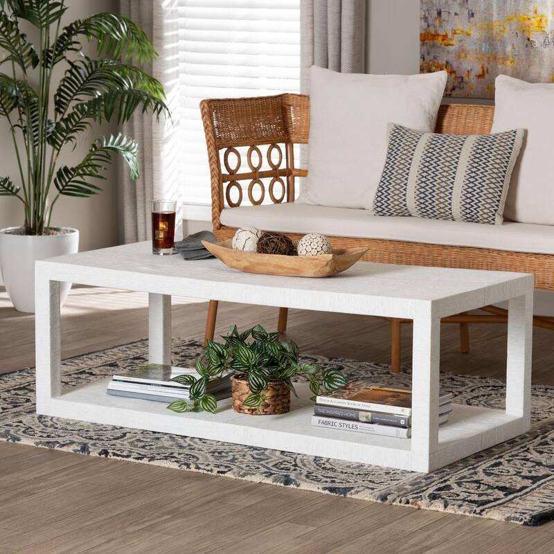 Oaklynn Natural Grasscloth Coffee Table - Two-Tier Cocktail Table with Open Frame, Modern Coastal Centerpiece, White