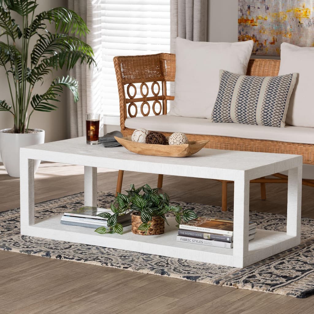Oaklynn Natural Grasscloth Coffee Table - Two-Tier Cocktail Table with Open Frame, Modern Coastal Centerpiece, White