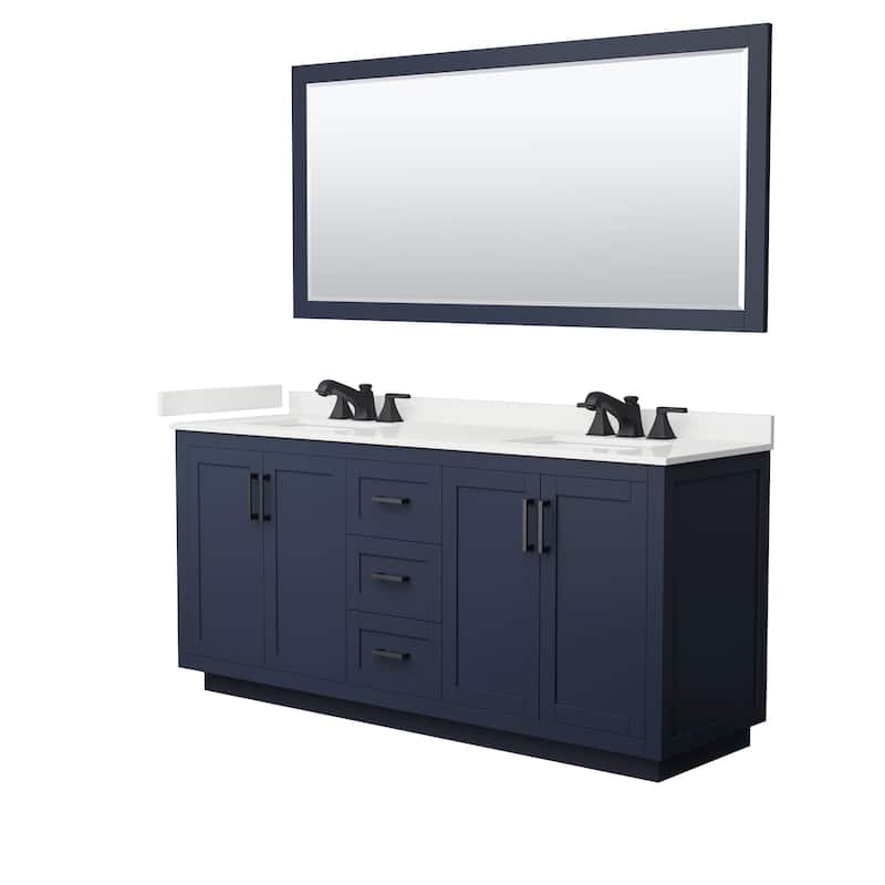 Miranda 72-inch Double Vanity, Quartz Top, 70-inch Mirror - Dark Blue, Black Trim, White Quartz Top