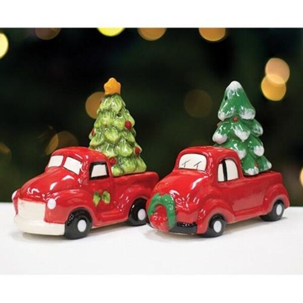 New Red Truck W Christmas Tree Ceramic Salt Pepper Shakers