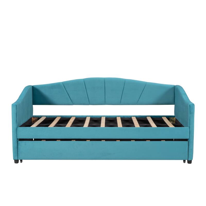 Blue Upholstered Velvet Twin Daybed Sofa with Trundle - High Weight Capacity and Easy Assembly