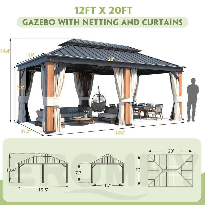 Premium Outdoor Gazebo Pergola with Galvanized Steel Roof, Wooden Coated Aluminum Frame, Privacy Curtains, and Nettings Included