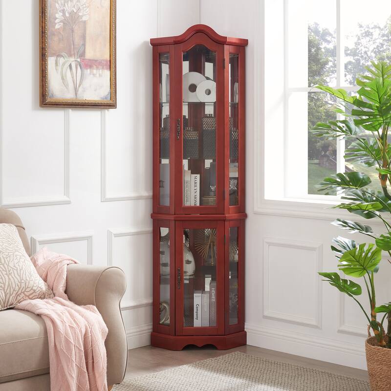 Lighted Corner Curio Cabinet with Tempered Glass Doors - Red Cherry