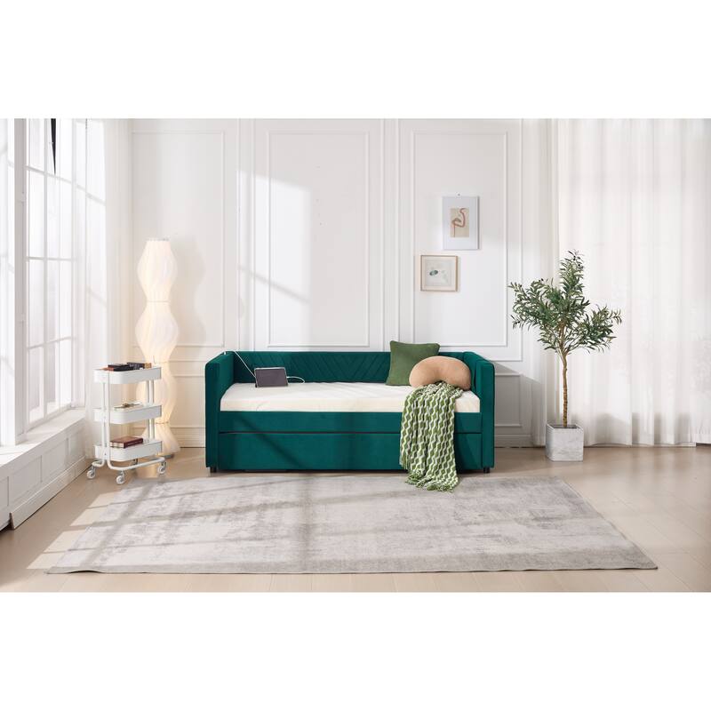 Twin Size Velvet Daybed with Trundle, USB Charging Port & Side Pockets, Modern Upholstered Sofa Bed with V-Pattern Backrest