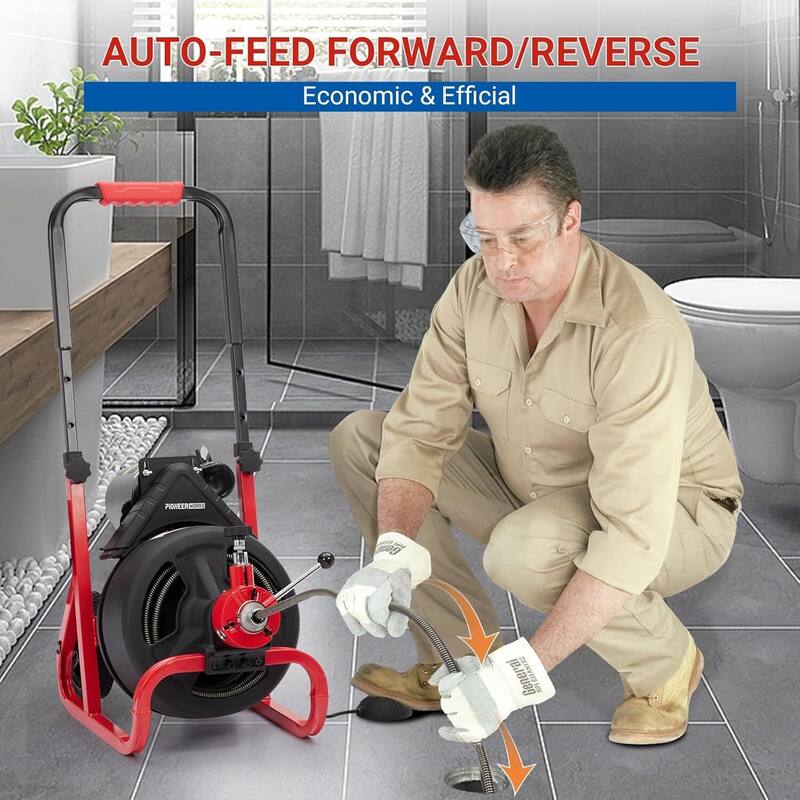 75 ft x 1/2 in Drain Cleaner Machine with 6 Cutters & Gloves for 2-4 Inch Pipes
