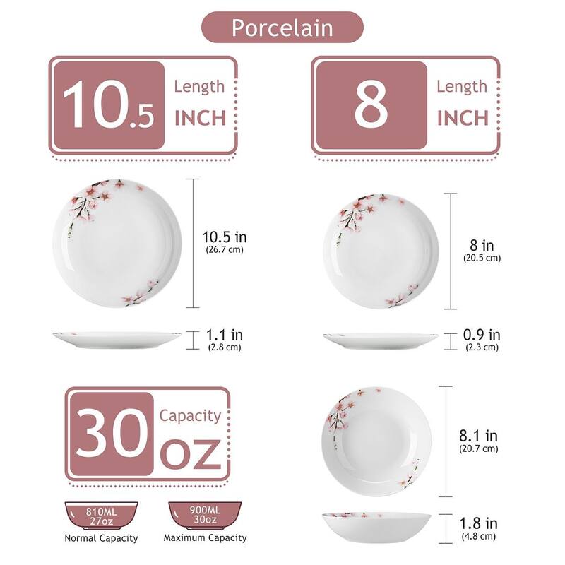 VEWEET Flower 18-Piece White Porcelain Dinnerware Set (Service for 6)