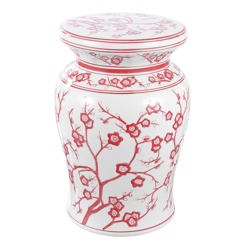 Cherry Blossom 17.7" Ceramic Garden Stool, White/Blue by JONATHAN Y - Purple