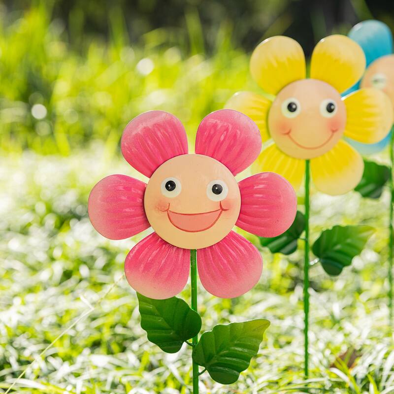 Glitzhome Set of 3 Metal Dimensional Flowers Yardstake Hydrangea Pick Wall Decor