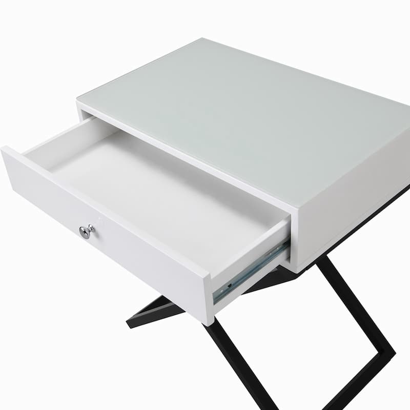 Wooden End Side Table Nightstand with Glass Top, Drawer and Metal Cross Base