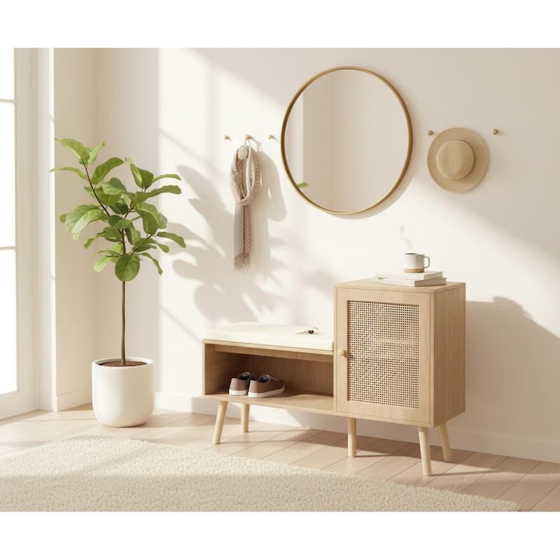 Homy Casa 2-in-1 Entryway Accent Storage Cushion Bench with Rattan Cabinet - Natural