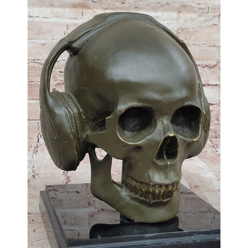 Skull With Headphones Bronze Sculpture - Modern Gothic Music Art